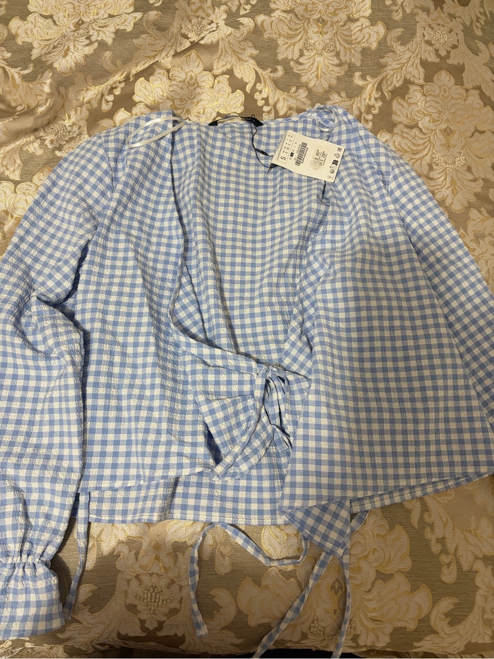 ZARA Blue Gingham Wrap Top